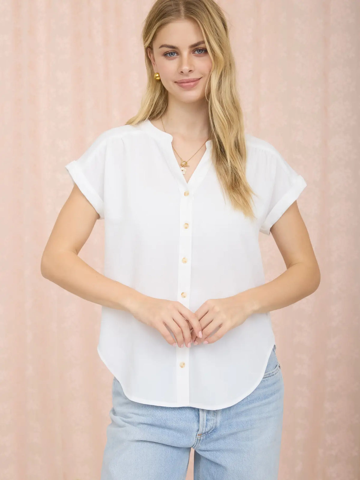 Cuffed Sleeve Button Down Lightweight Top