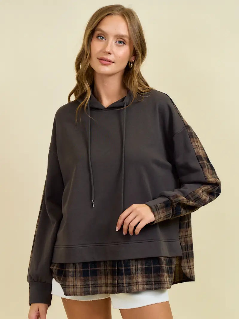 French Terry & Flannel Plaid Mixed Pullover Hoodie