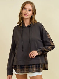 French Terry & Flannel Plaid Mixed Pullover Hoodie