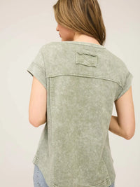 Exposed Seam Short Sleeve Henley Knit Top