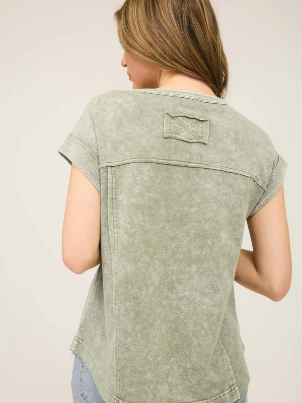 Exposed Seam Short Sleeve Henley Knit Top