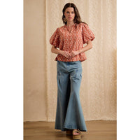 WOMEN RUST COTTON EYELET PUFF SLEEVE BLOUSE