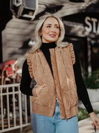 Garment Washed Quilted Ruffle Sleeve Vests