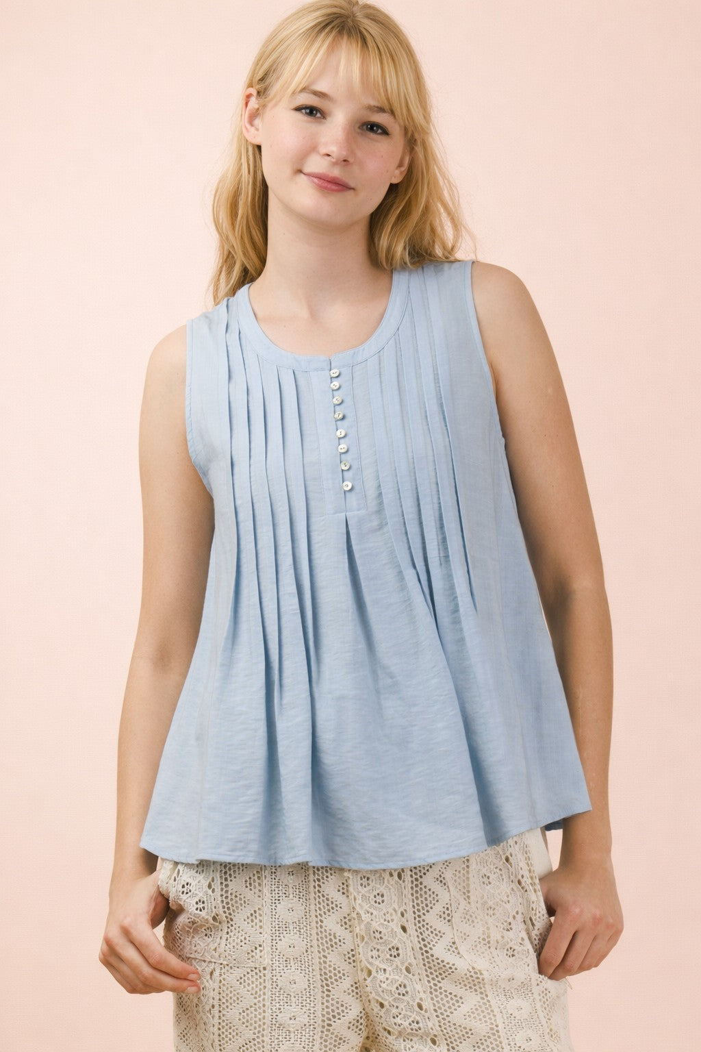 Half Button Down Pintuck Sleeveless Woven Top