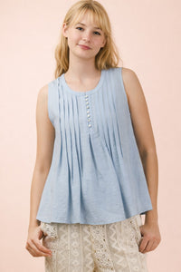 Half Button Down Pintuck Sleeveless Woven Top