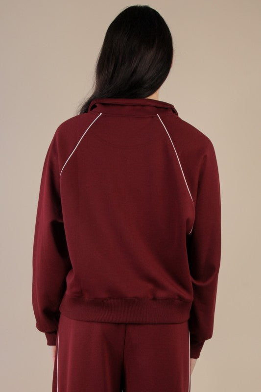 Half Zip Up Piping Detail Knit Casual Top