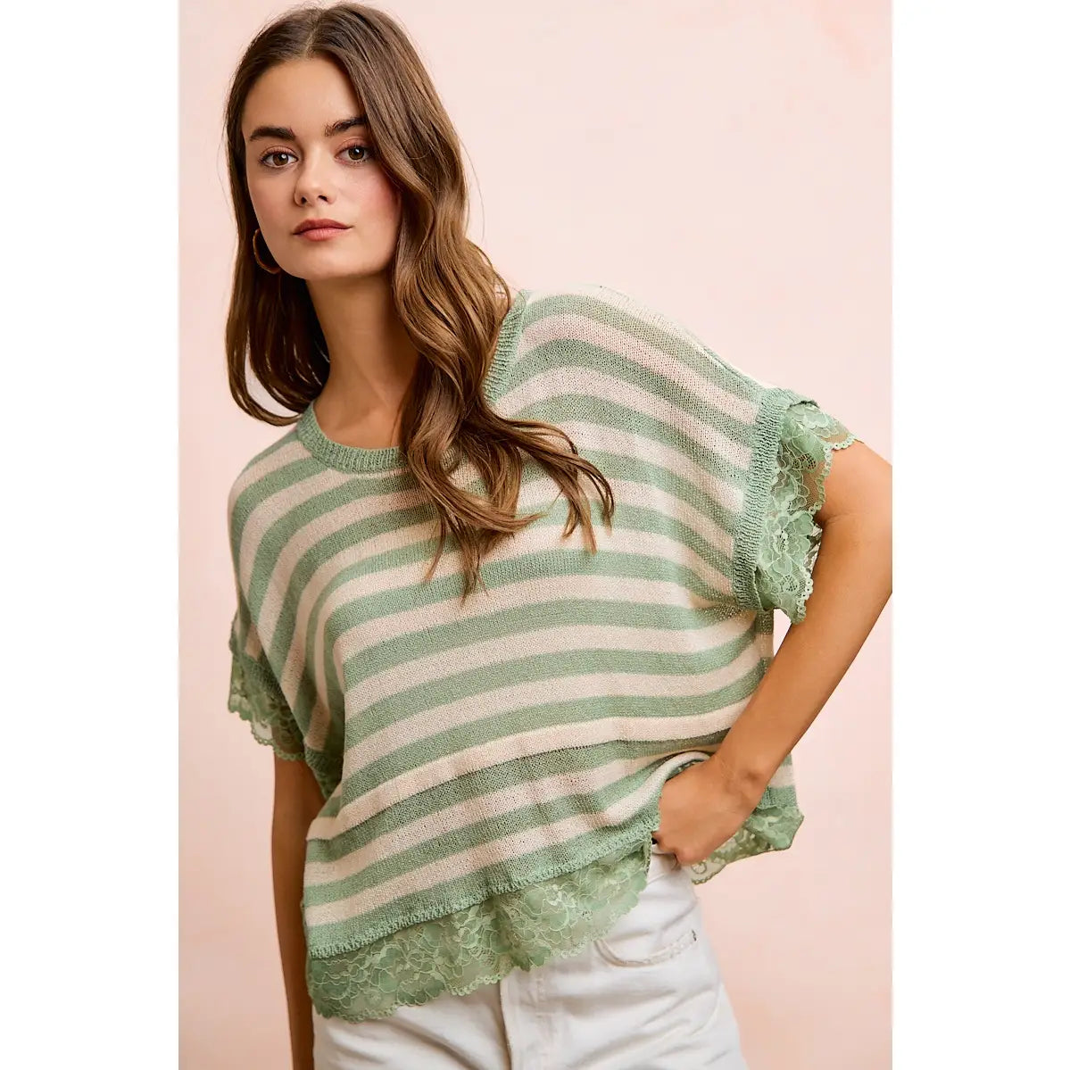Striped Contrast Lace Detail Lightweight Knit Top