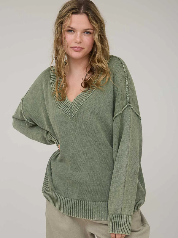 Washed V Neck Long Sleeve Oversized Knit Sweater