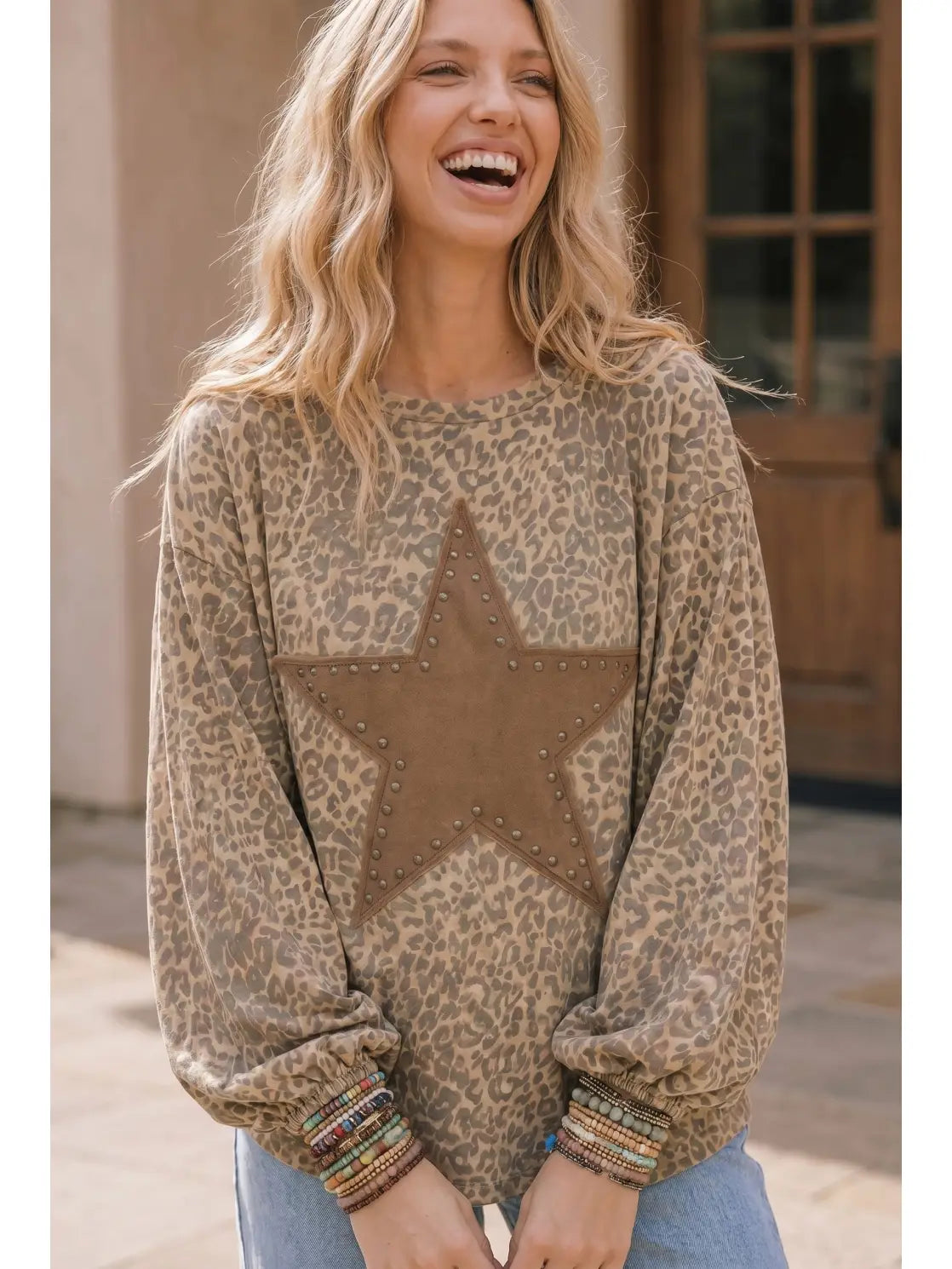 Leopard Print Star Patch Oversized Pullover