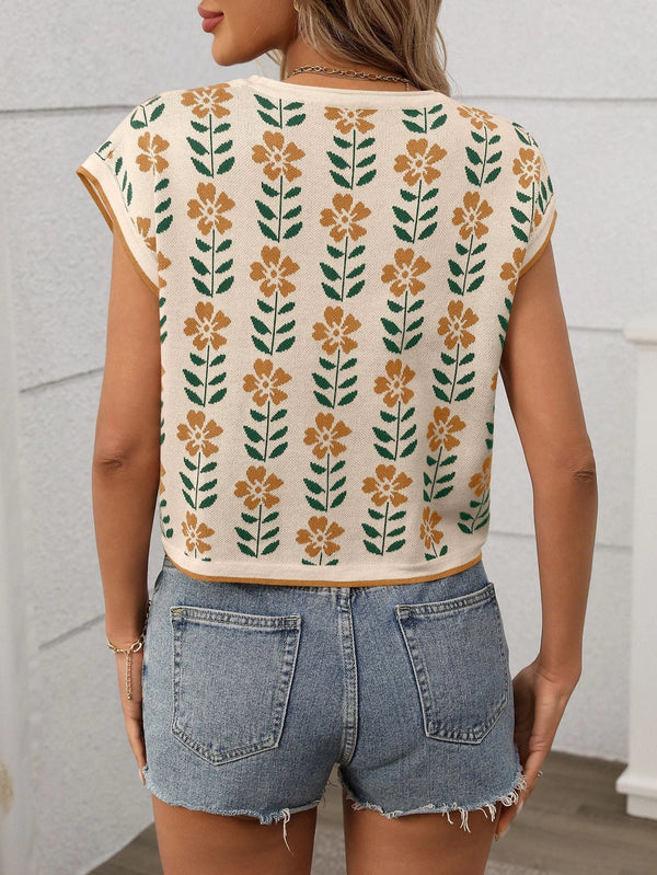 Floral Knit Crop Top Short Sleeve