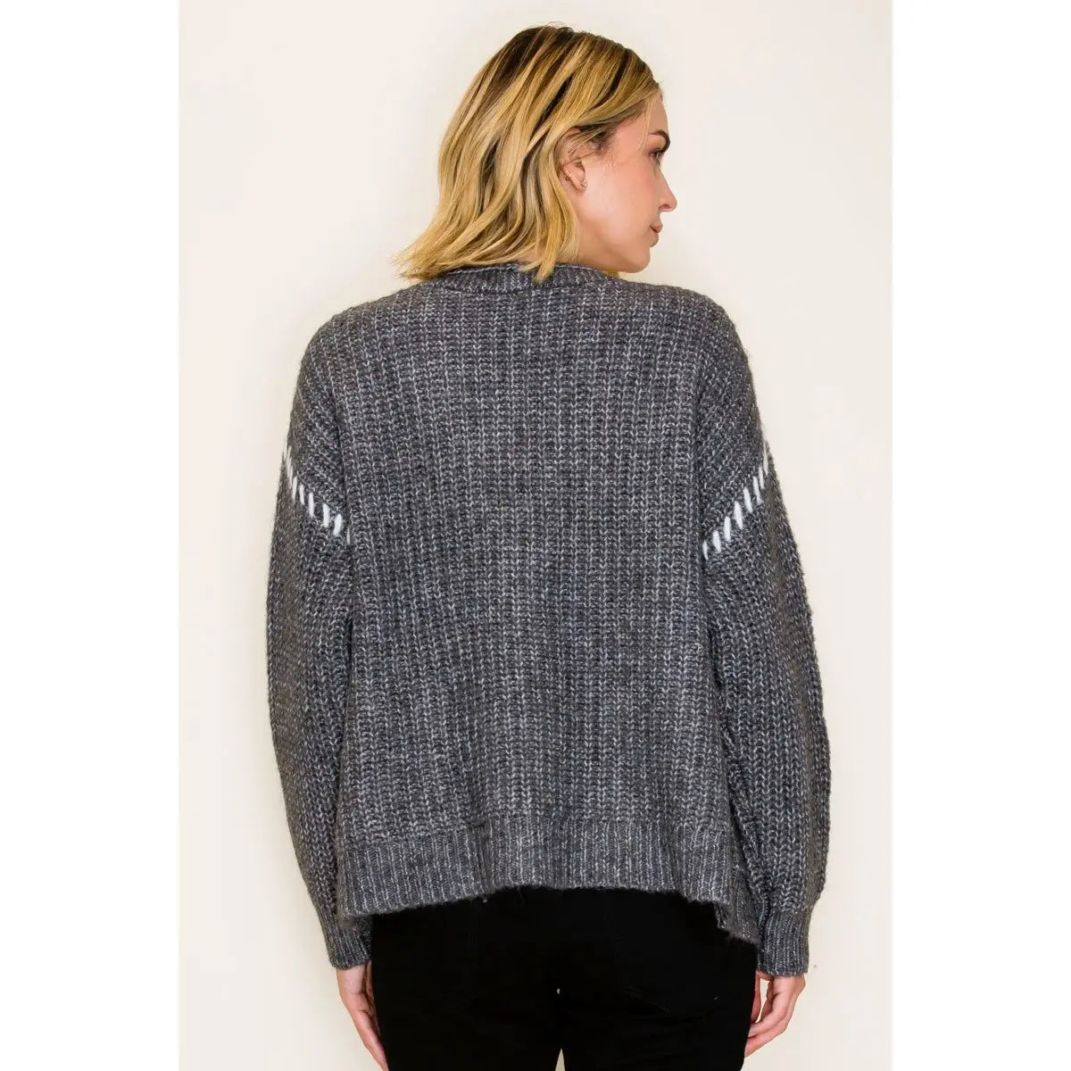 Color Contrast Stitched Sweater Cardigan