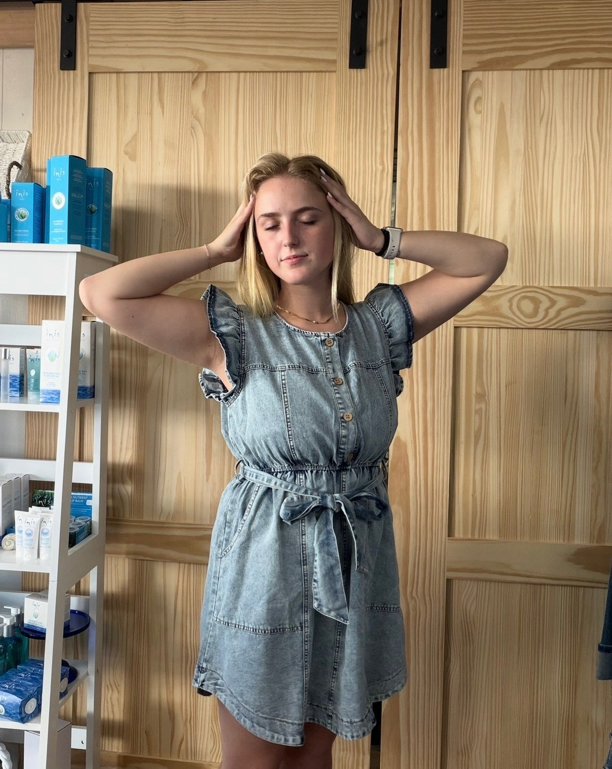 Washed Chambray Ruffle Detail Mini Dress