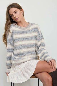 Heathered Multi-Stripe Raw Edge Knit Sweater