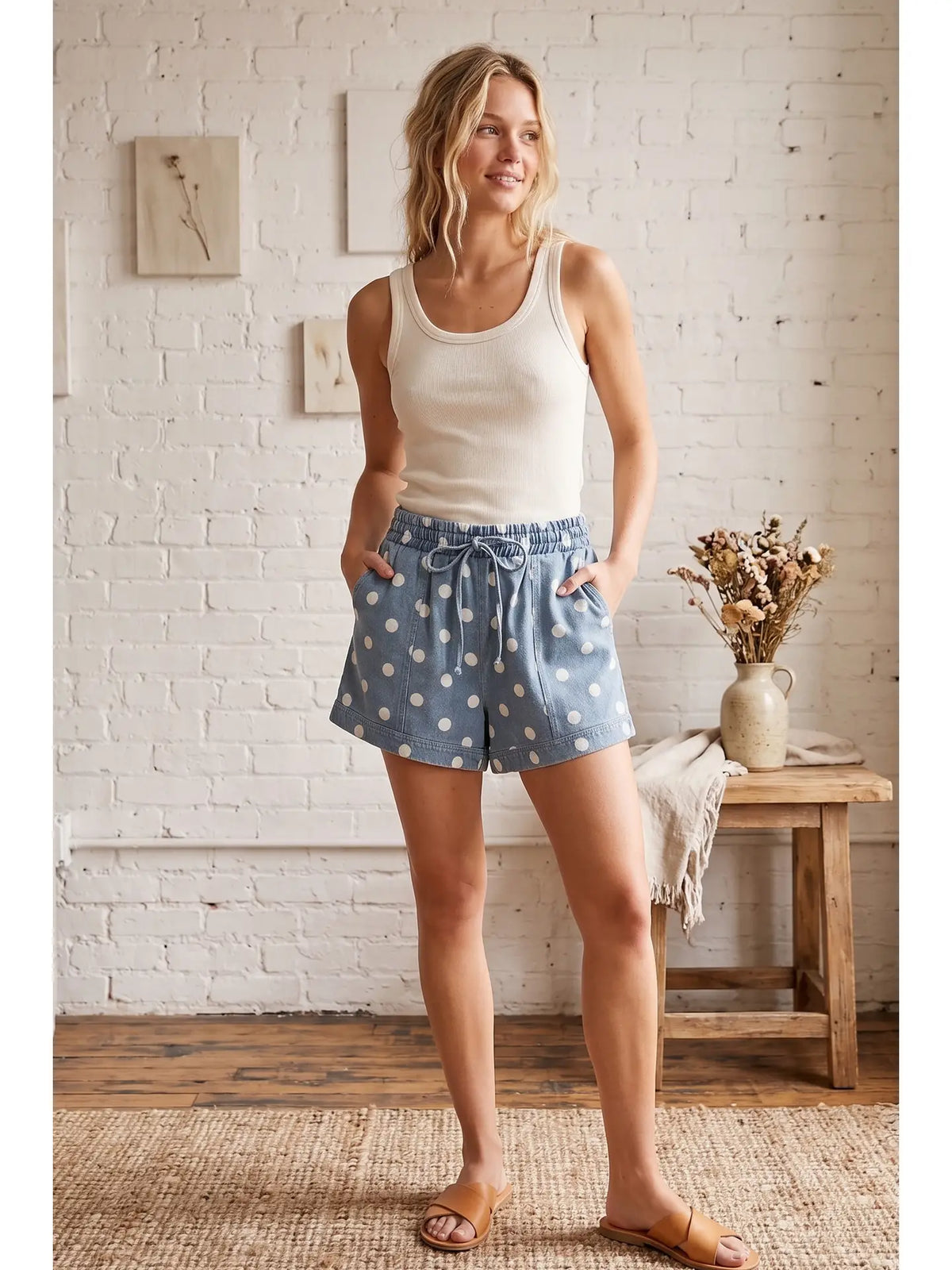 Polka Dot Drawstring Denim Shorts