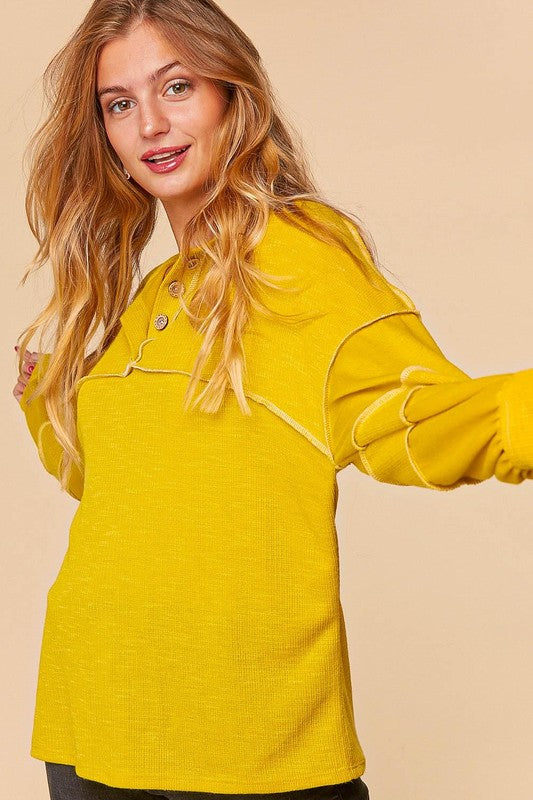 Two Tone Knit Bubble Sleeve Button Top