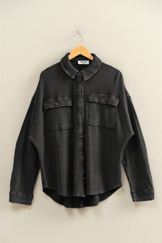 Oversized Mineral Washed Waffle Button Up Shacket