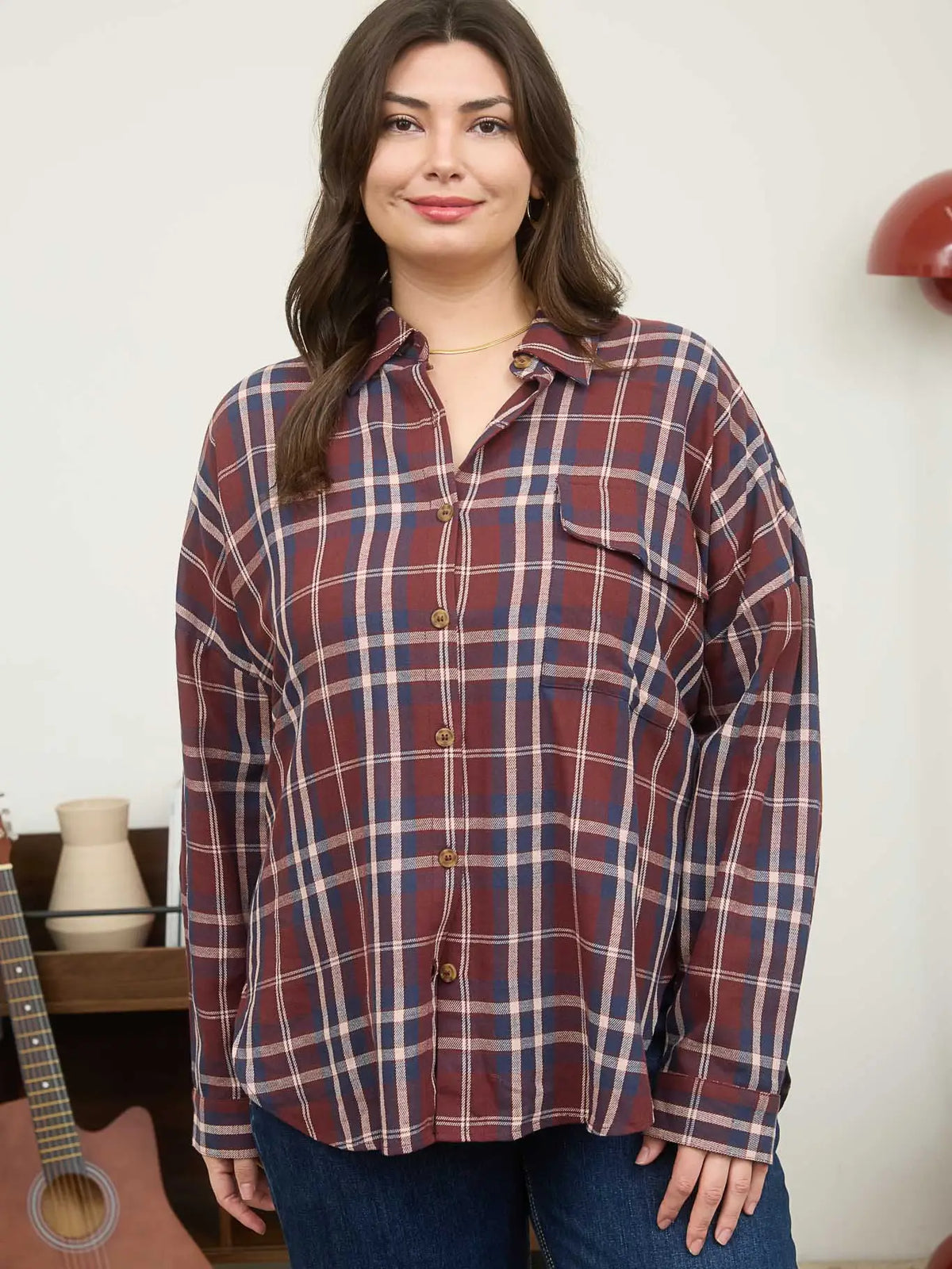 Plus Plaid Button Down Pocket Detail Long Sleeve