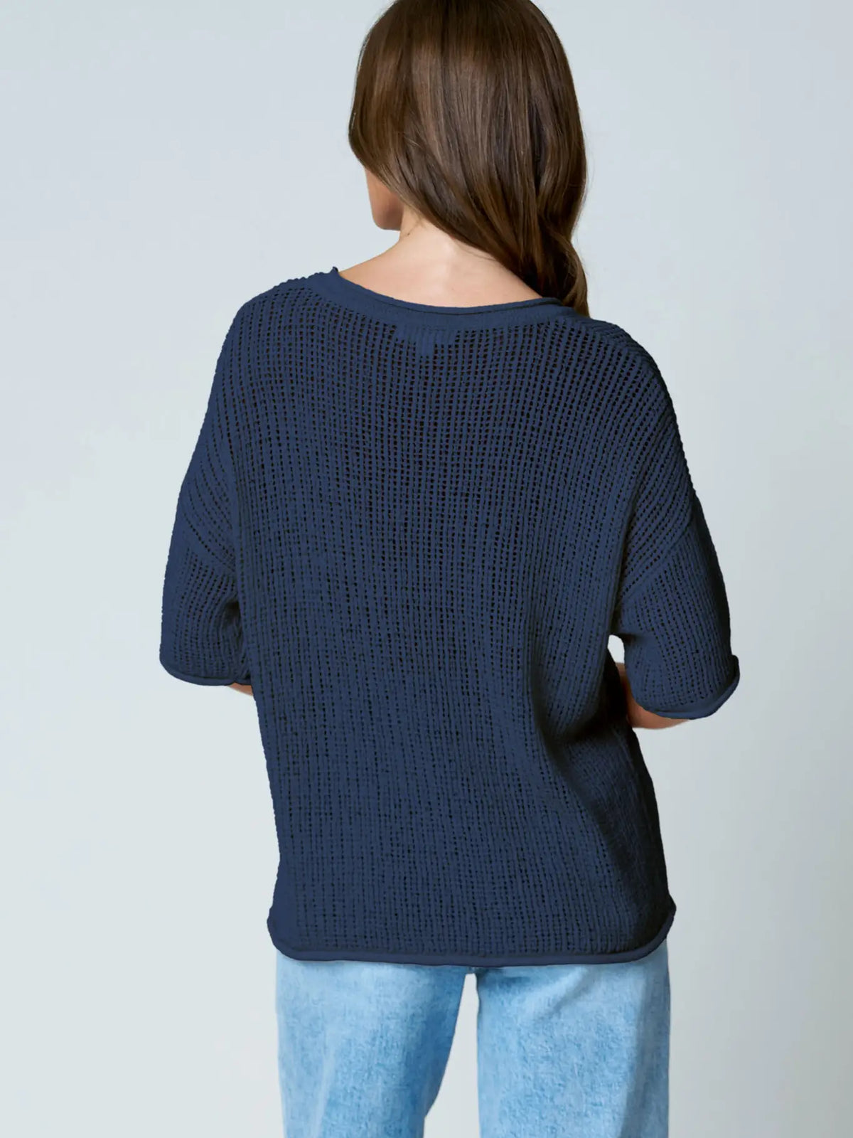 Split Neck Short Sleeve Sheer Crochet Knit Top