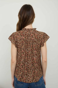 Floral Lace Yoke Trim Ruffle Detail Short Sleeve Top