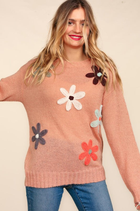 Long Sleeve Flower Patches Loose Fit Oversized Sweater