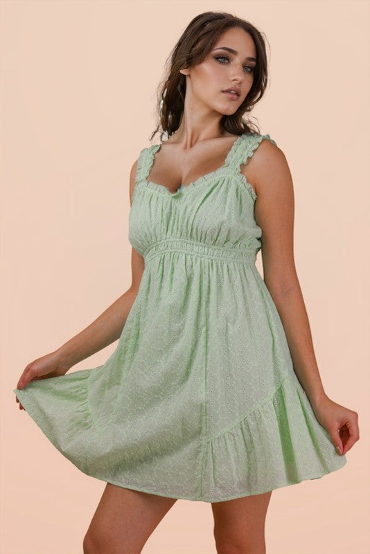 Sweetheart Neckline Ruffled Eyelet Lace Mini Dress