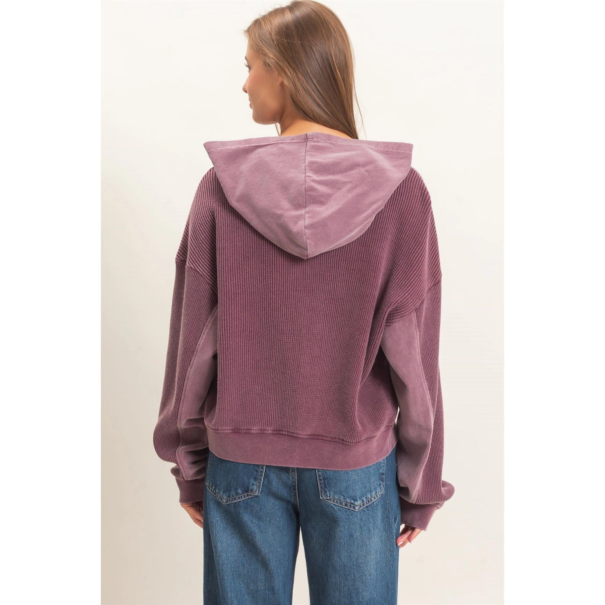Acid Wash Waffle Knit Zip-Up Hoodie