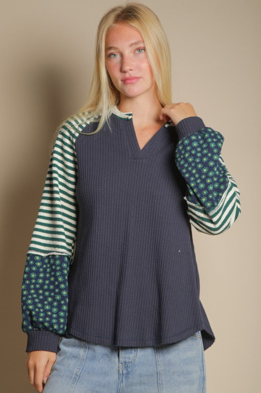 Oversized Floral & Stripe Casual Knit Top