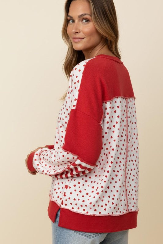Long Sleeve Heart Contrast V-Neck