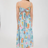 Print Pleated Back Bow Midi Dress