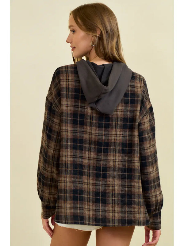 French Terry & Flannel Plaid Mixed Pullover Hoodie
