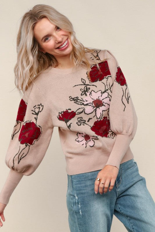 Bubble Long Sleeve Floral Sweater Knit Top