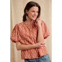 WOMEN RUST COTTON EYELET PUFF SLEEVE BLOUSE