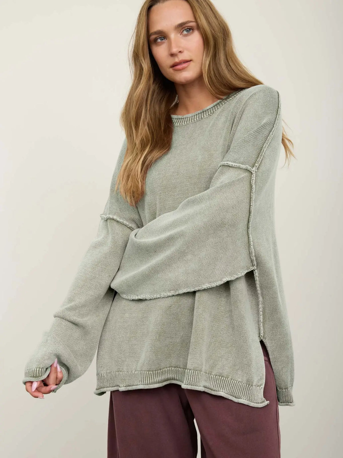 Washed Raw Edge Crew Neck Drop Sleeve Sweater