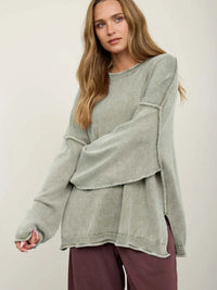 Washed Raw Edge Crew Neck Drop Sleeve Sweater