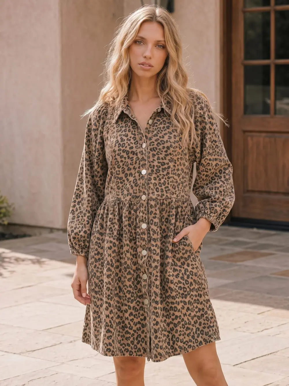 Leopard Denim Button Front Mini Dress