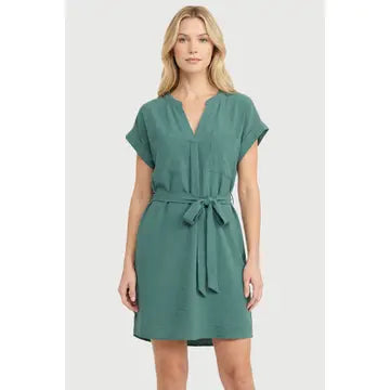Y Split Neck Button Back Solid Dress
