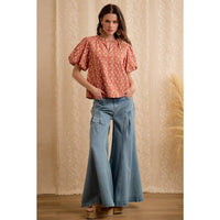 WOMEN RUST COTTON EYELET PUFF SLEEVE BLOUSE