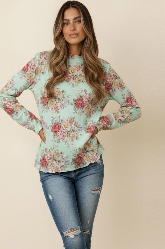 Merrow Hem Long Sleeve Vintage Floral Top
