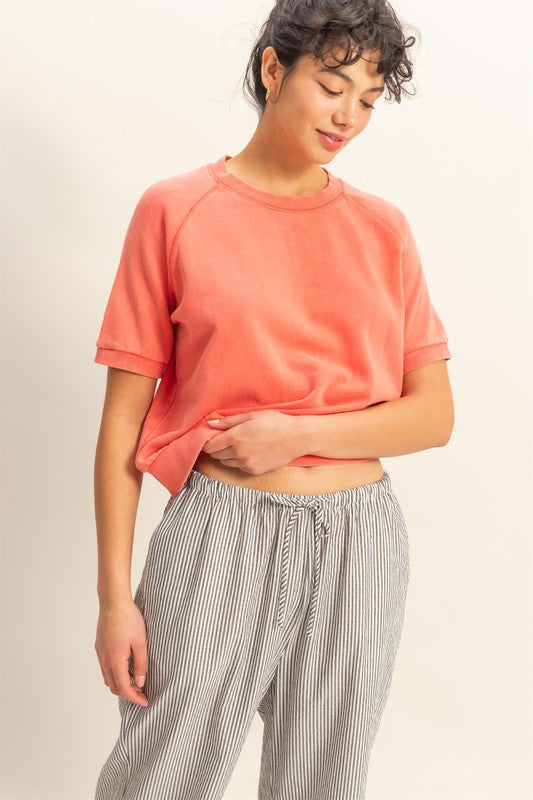 Crew Neck Terry Ribbed Hem Everyday Tee