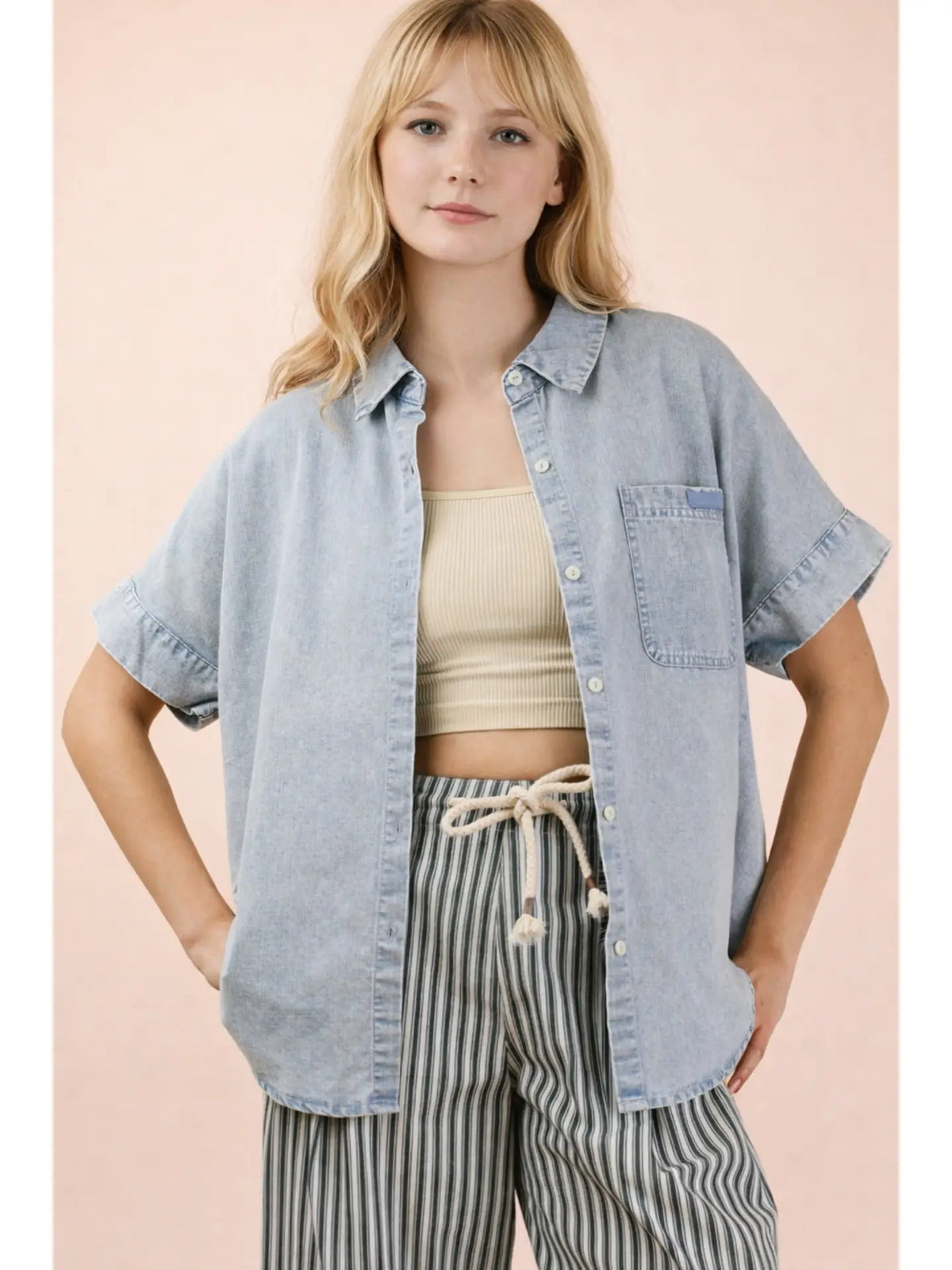 Mineral Washed Chambray Oversized Shirt Top