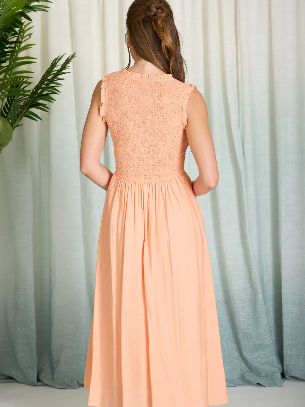 Sweetheart Smocked Mock Button Midi Dress