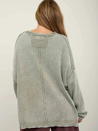 Washed Raw Edge Crew Neck Drop Sleeve Sweater