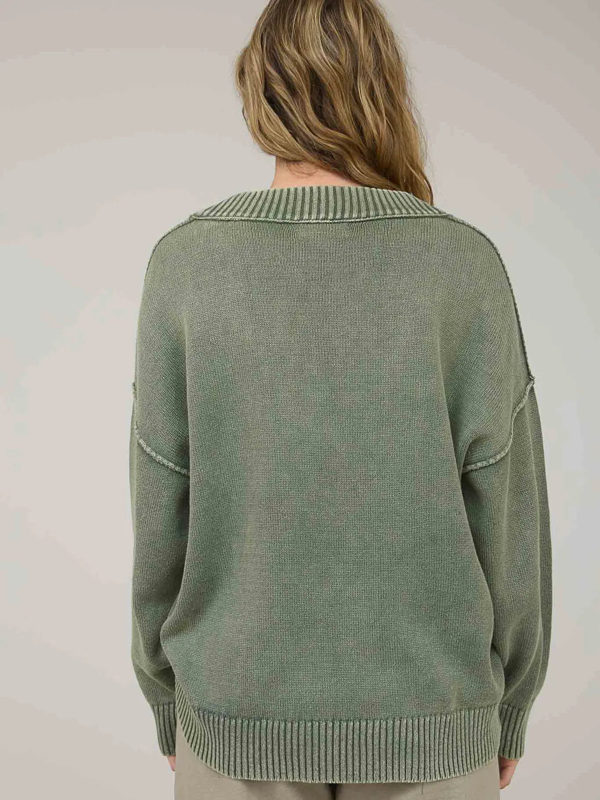 Washed V Neck Long Sleeve Oversized Knit Sweater