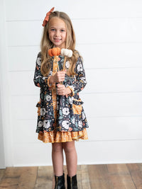 Pumpkin Ruffle Pocket Button Tie Fall Kids Dress