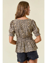 Animal Print Sweetheart Neckline Short Sleeve Top