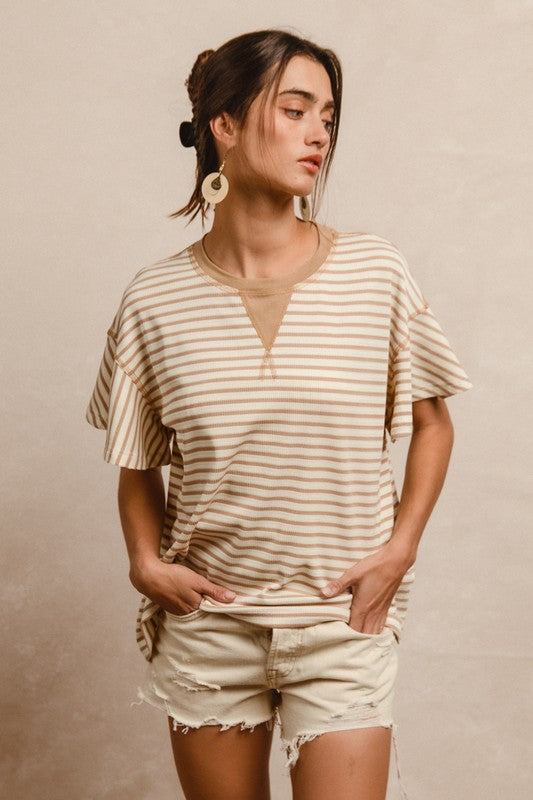 Stripe Thermal Flare Sleeves Contrast Stitching Top