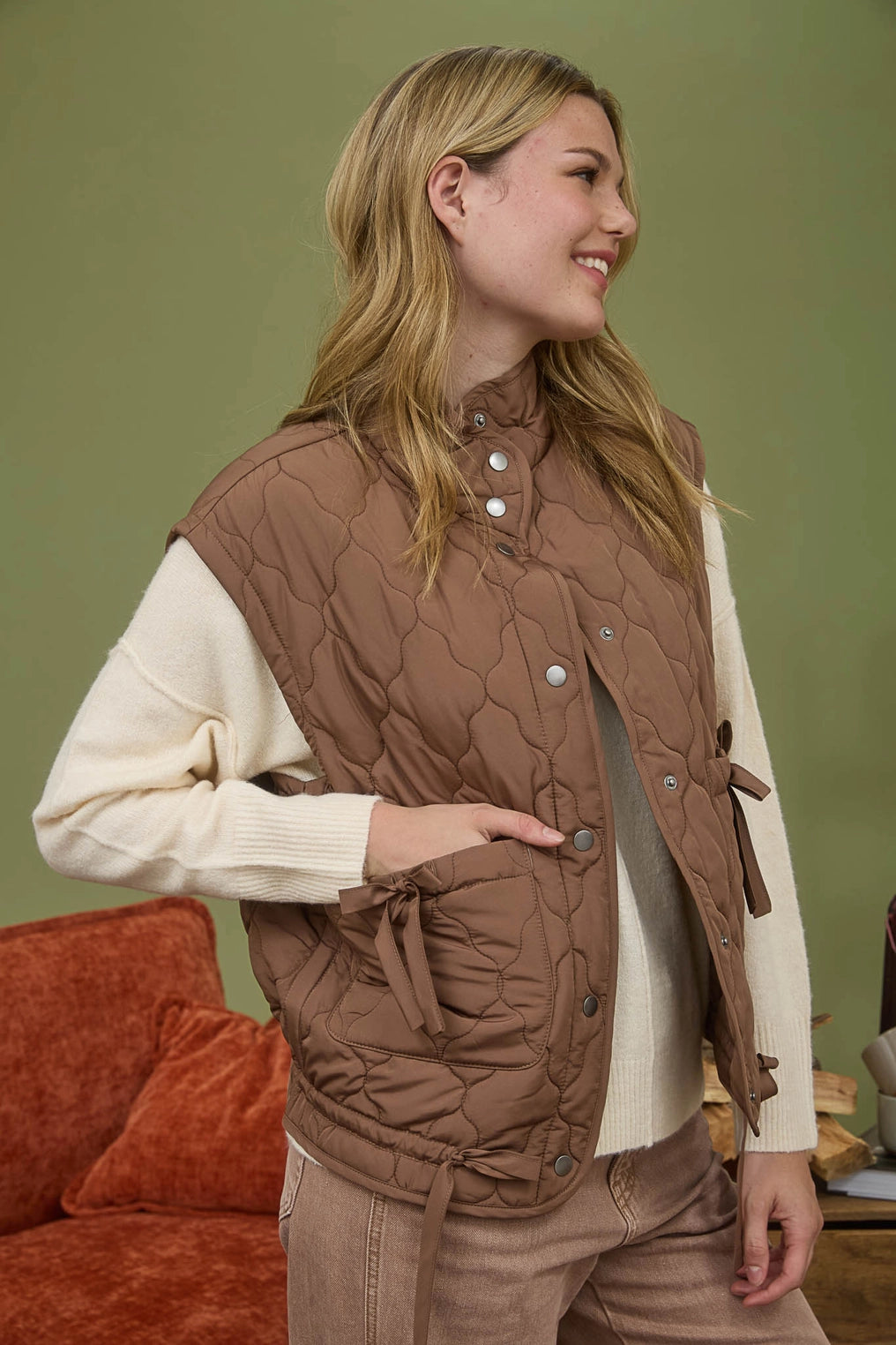 Tie Detail Snap Button Down Quilted Puffer Vest