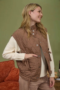 Tie Detail Snap Button Down Quilted Puffer Vest