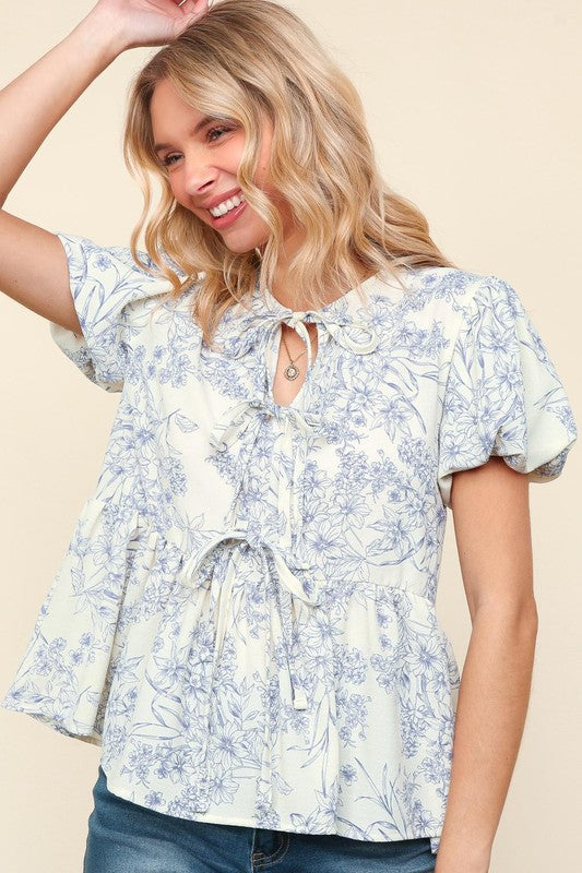 Front Ribbon Bow Tie Floral Woven Blouse