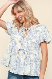 Front Ribbon Bow Tie Floral Woven Blouse